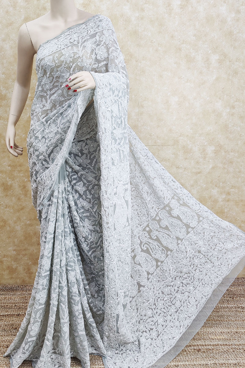 Gray Color Allover Hand Embroidered Work Lucknowi Chikankari Saree (With Blouse - georgette) MC251780